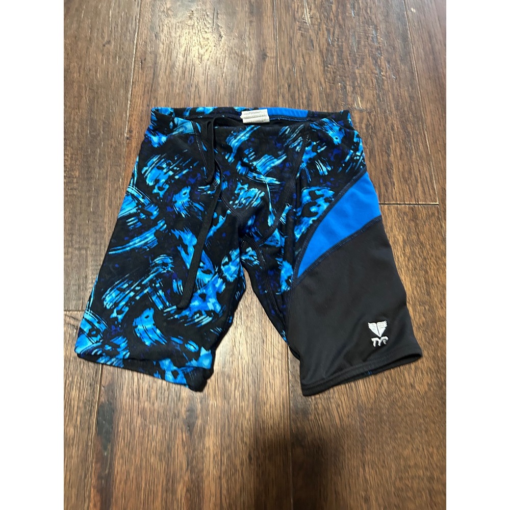 TYR Boys Blue Black Abstract Print Jammer Swim Shorts Trunks Size 24